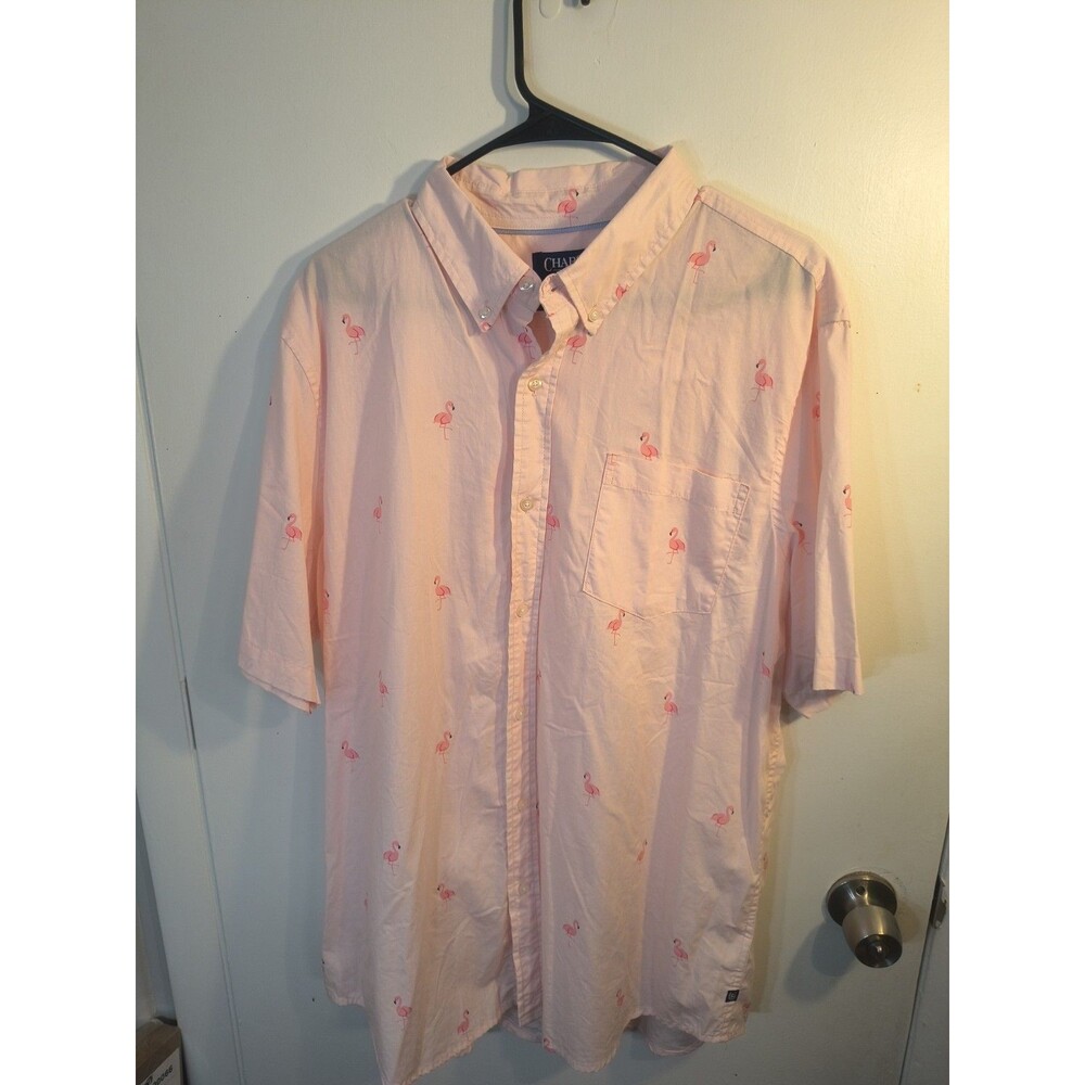 Chaps Mens XL Shirt Pink Flamingo Print Short Sleeve Button Down Cotton Tropical